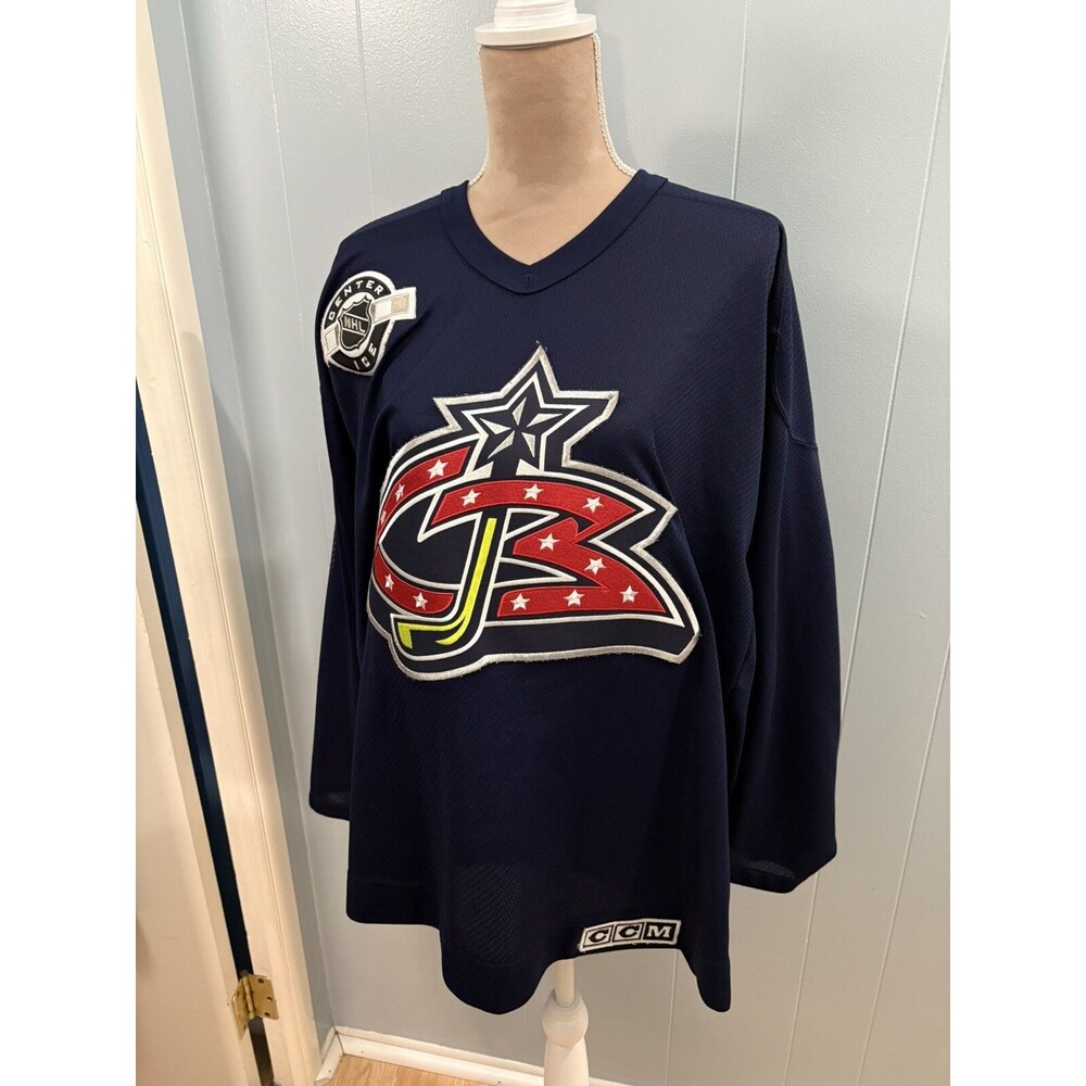Columbus Blue Jackets CCM NHL Hockey Center Ice Jersey Mens Size Large Air Knit